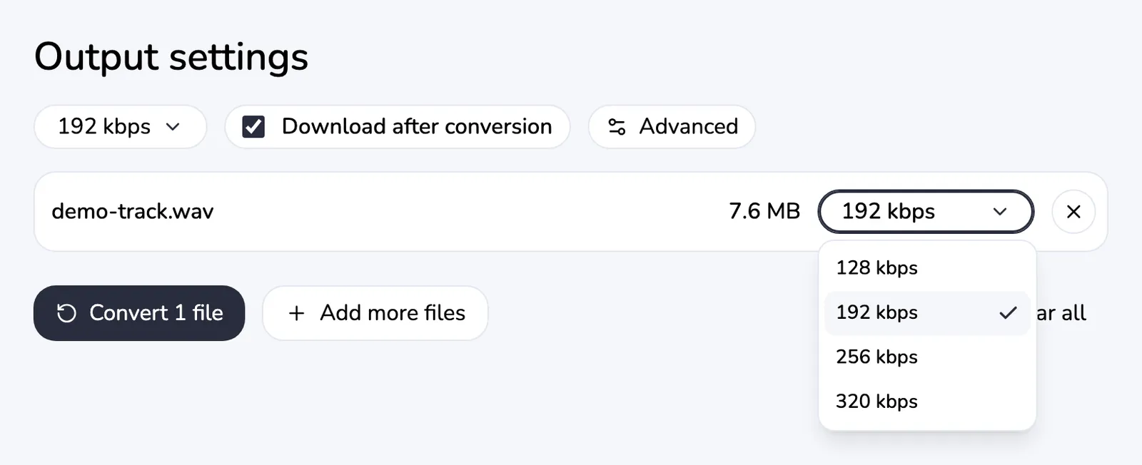 Converter with demo-track.wav (7.6 MB) added and the bitrate menu open: 128, 192, 256 and 320 kbps