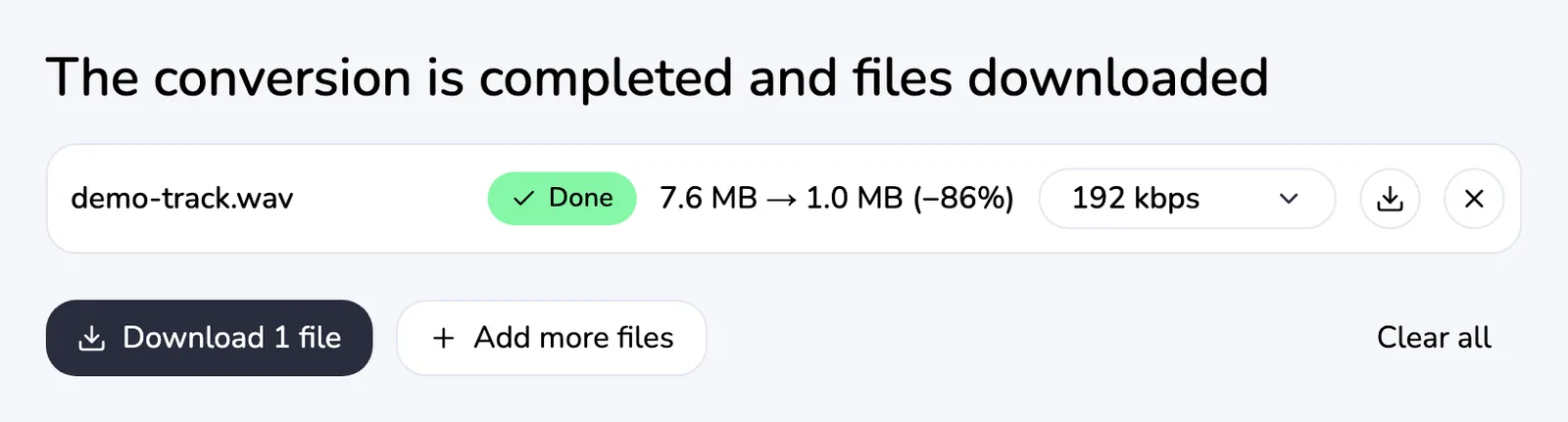 Converter showing a WAV file compressed to MP3 at 192 kbps: 7.6 MB to 1.0 MB, 86% smaller